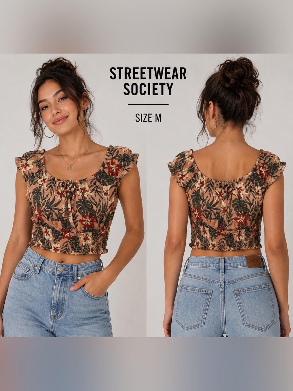 STREETWEAR SOCIETY women floral short sleeve coquette feminine crop top/size M